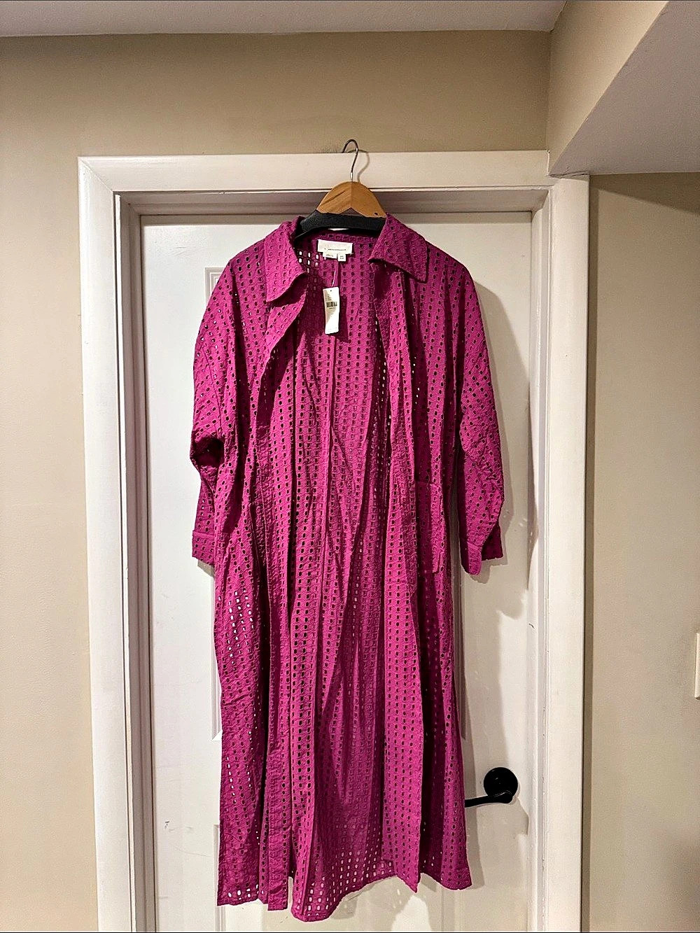 Anthropologie Collared Eyelet Duster With Pockets Berry Pink